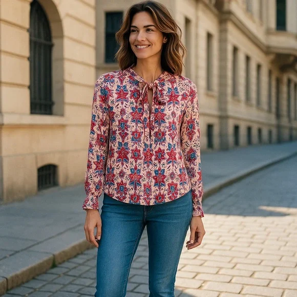 Red Camel Floral Tie-Neck Long Sleeve Blouse Size Medium - Picture 2 of 4